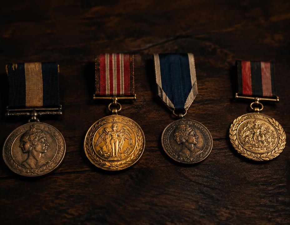 Äldre minnesmedaljer med band på mörkt trä